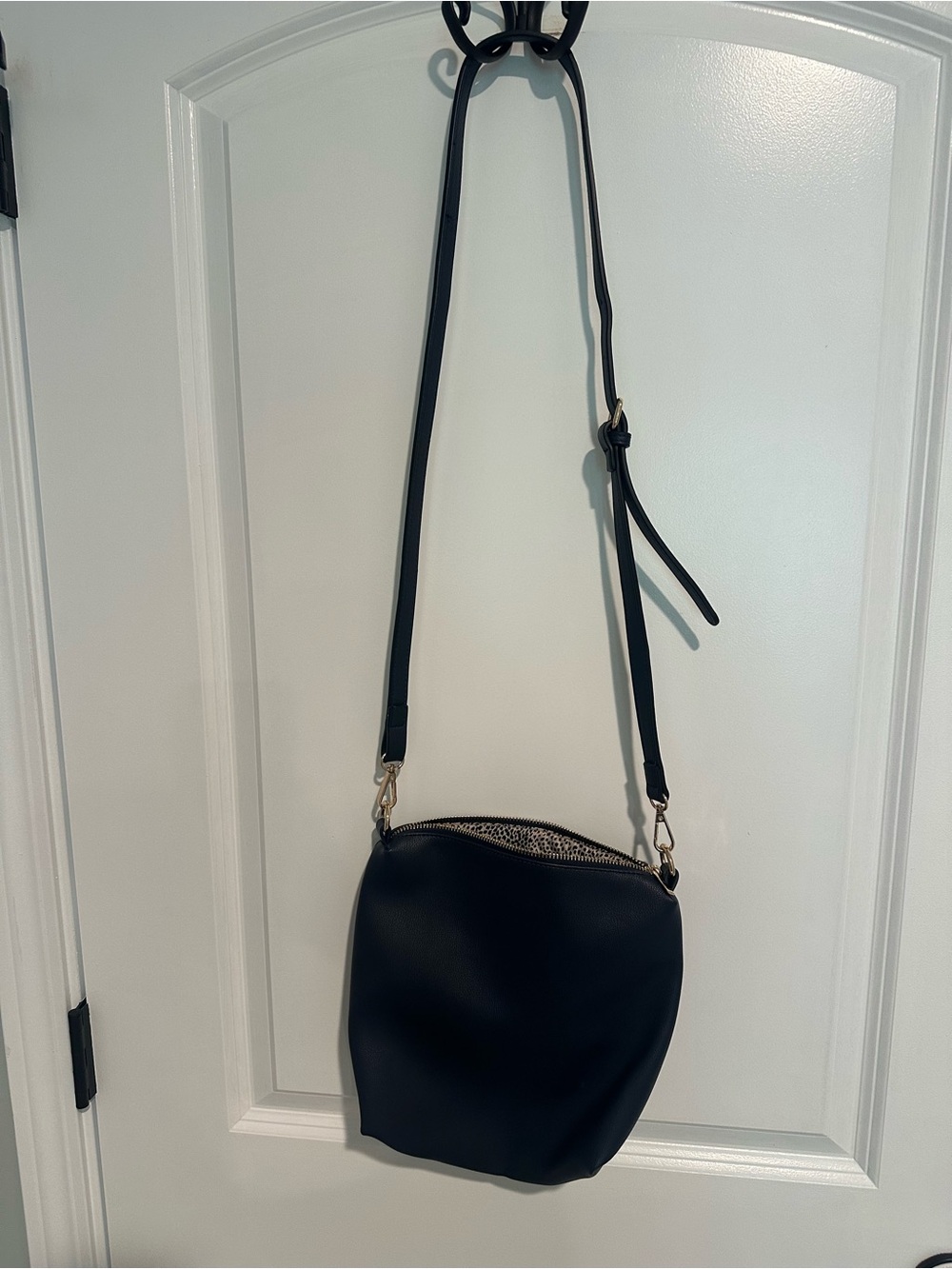 European Clark’s Leather Navy Crossbody Bag with Leopard Lining